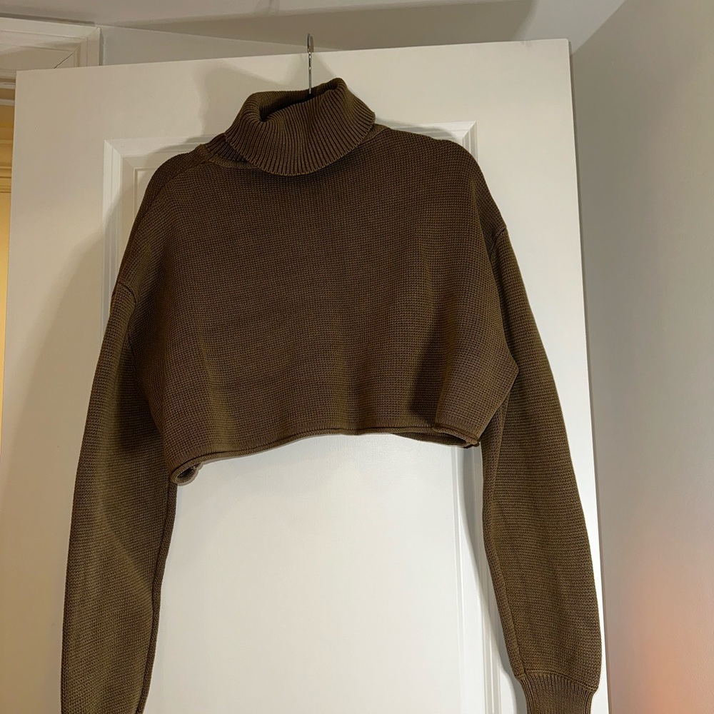 Zara Brown Cowl Neck Cropped Sweater